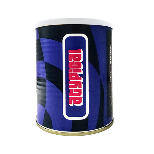Blue canister with a red and white logo on a white background
